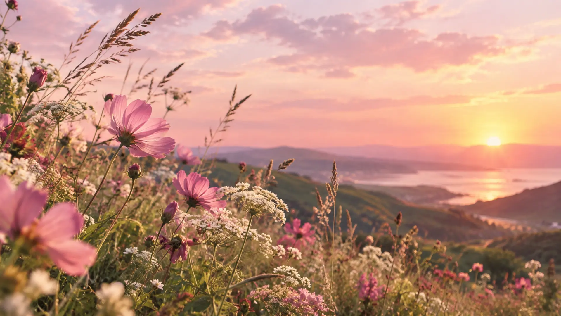 Champ de fleurs roses au coucher du soleil, inspiration de la palette Matern'ailes