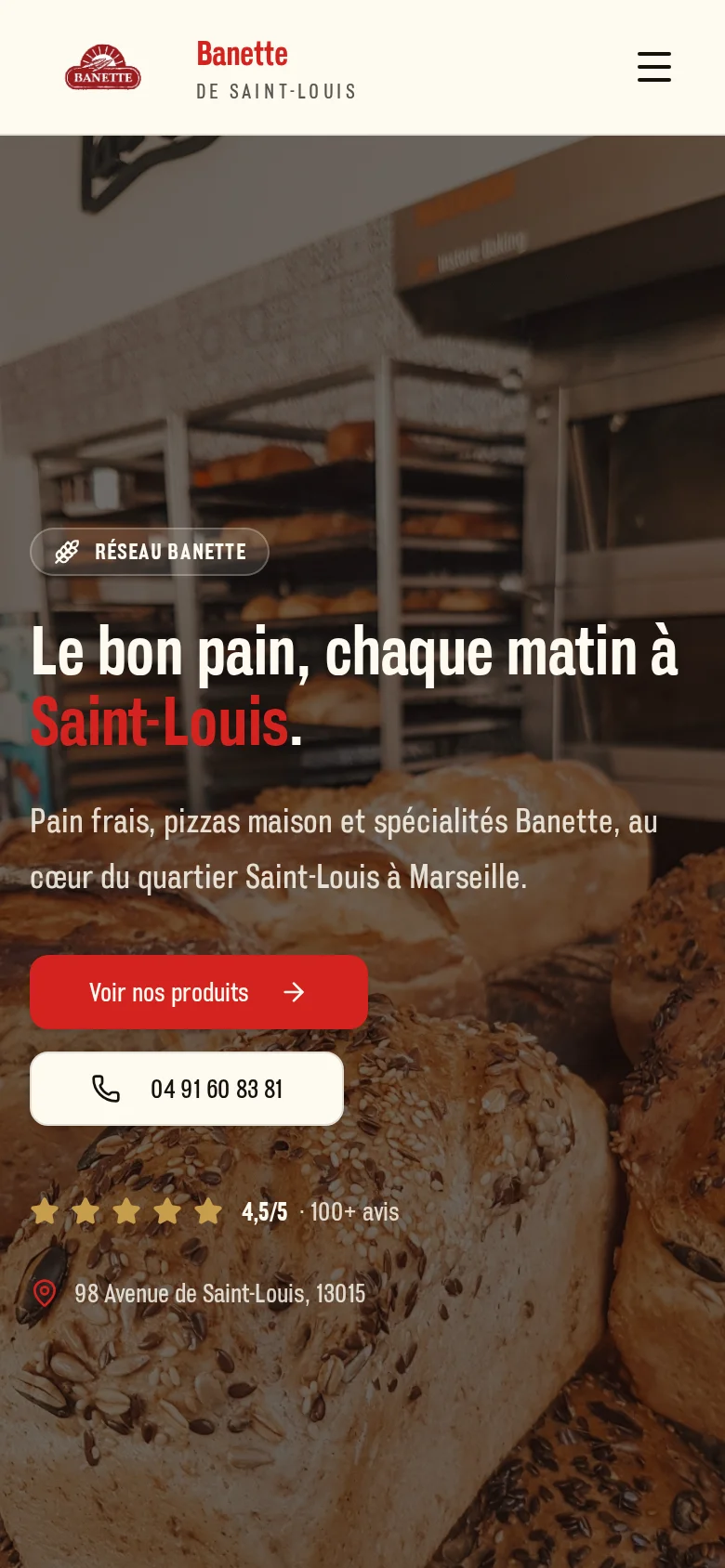 Accueil du site Banette sur mobile, photo plein écran, téléphone et avis visibles