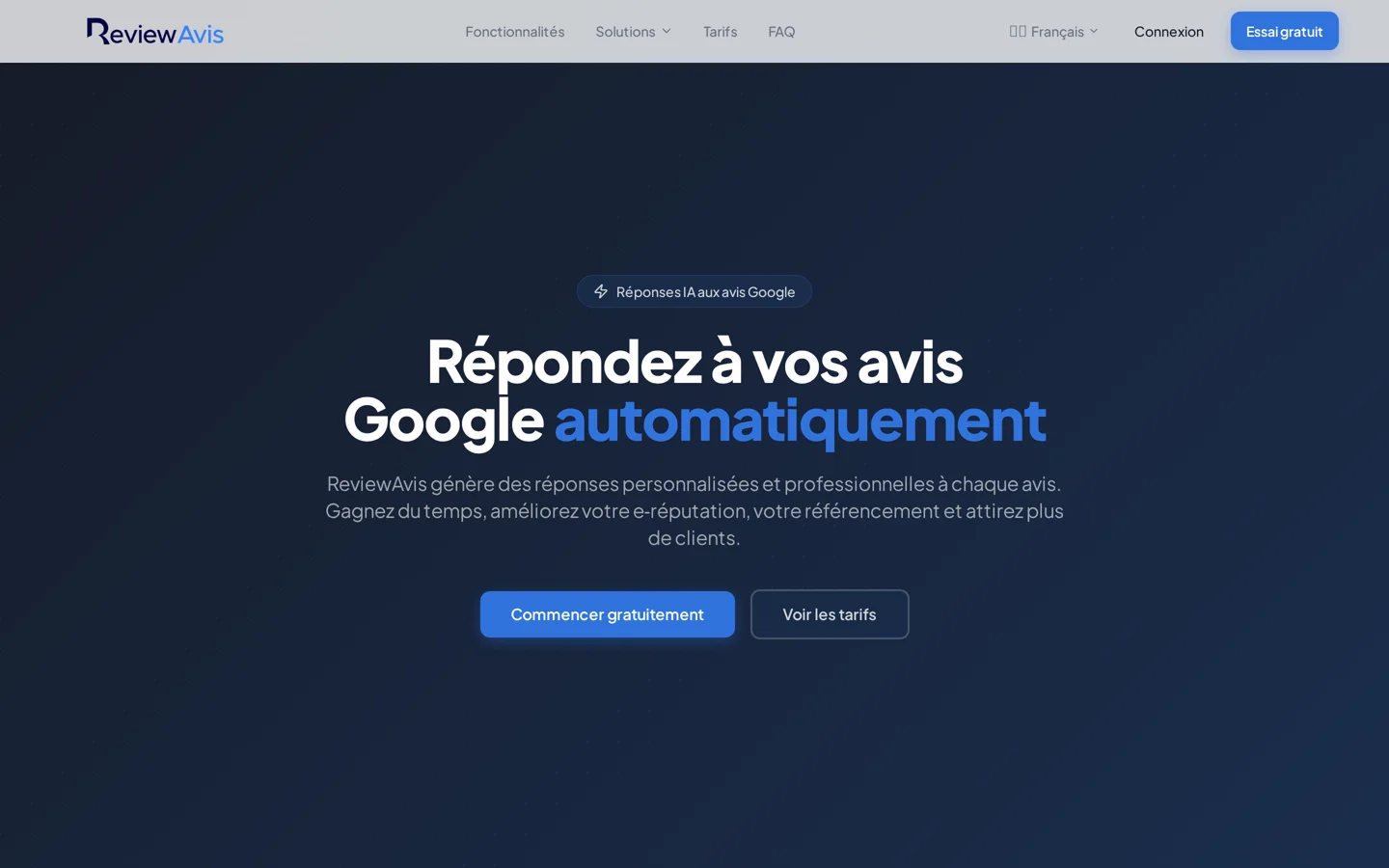 Page d'accueil de ReviewAvis : Répondez à vos avis Google automatiquement