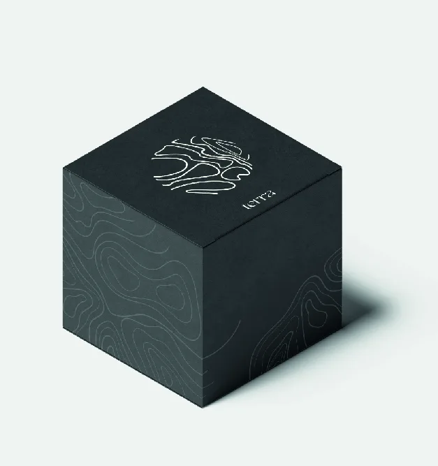 Boîte packaging noire Terra avec motif topographique